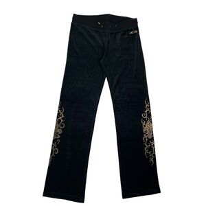 BCBG Maxazria Women Large Velour Track Pants Black with Gold Rhinestone